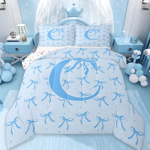 Erosebridal Dreamy Princess Bowtie Full Size Comforter Sets,Blue Letter C Monogrammed Bedding Sets For Girls Kids,Colorful Stars Reversible,3pcs
