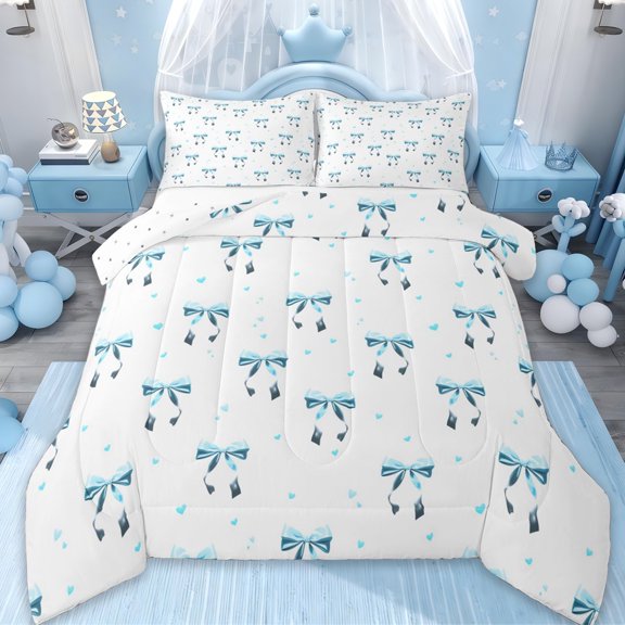 Erosebridal Dreamy Princess Bowtie Queen Comforter Set,Blue Ribbon Bowknot Bedding Comforter Set For Kids Girls,Reversible,3pcs