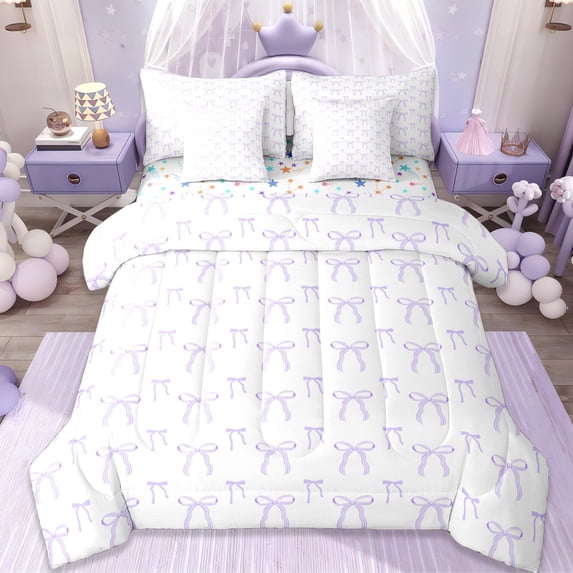 Erosebridal Dreamy Princess Kawaii Bowknot 7-Piece Bedding Comforter Set For Bows Lovers,Kawaii Bowknots Bow Tie King Bedding Sets,Purple White,Reversible