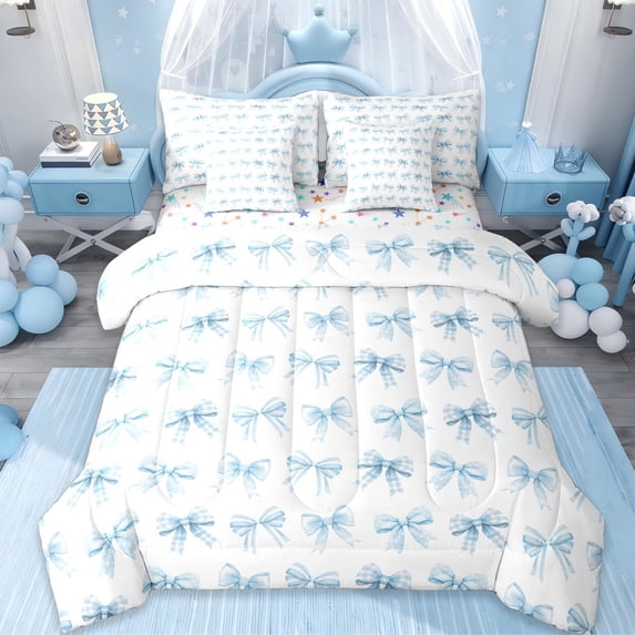 Erosebridal Dreamy Princess Kawaii Bowknot 7-Piece Twin Bedding Sets For Bows Lovers,Kawaii Bowknots Bow Tie Bedding Comforter Set,White Blue,Reversible