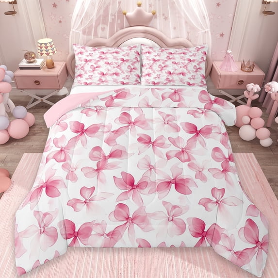 Erosebridal Dreamy Princess Style Bowtie Queen Comforter Set,Pink Cute Bow Tie Bedding Comforter Set For Bowknot Lovers, Reversible 3 Pieces