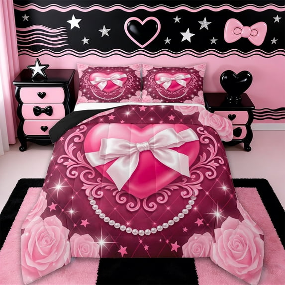 Erosebridal Dreamy Princess Style Full Size Comforter Sets,Pink Flowers Floral Bedding Sets For Kids Girls,Reversible black,3pcs