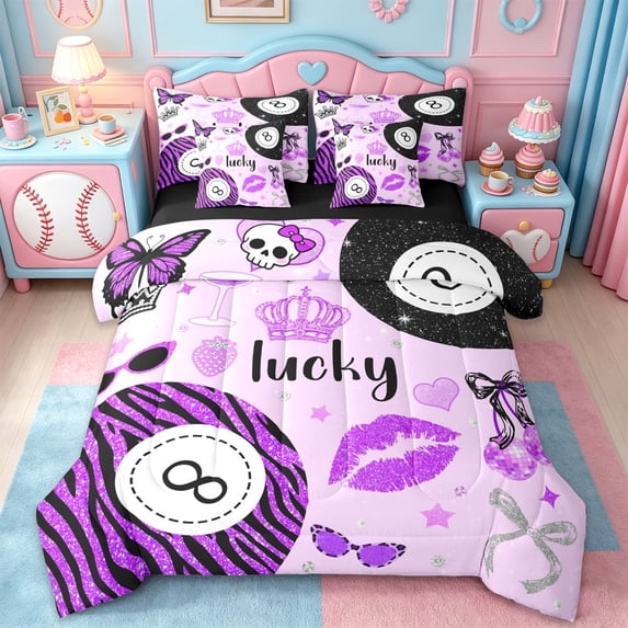 Erosebridal Dreamy Princess Style Kids 7 Pieces Bedding Comforter Set,Purple Zebra Stripe Print Billiard Full Bedding Set,Reversible