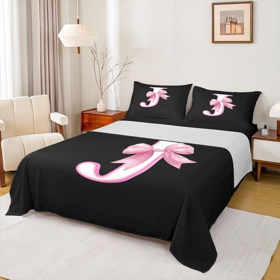 Erosebridal Dreamy Princess Style Kids Queen Sheet Sets,Pink Bowtie Monogrammed J Bed Set For Girly 4 Pieces