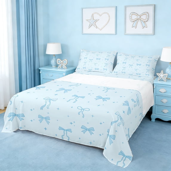 Erosebridal Dreamy Princess Style Queen Sheet Sets,Blue Ribbon Bowknot Bed Set For Kids Girls 4-Piece