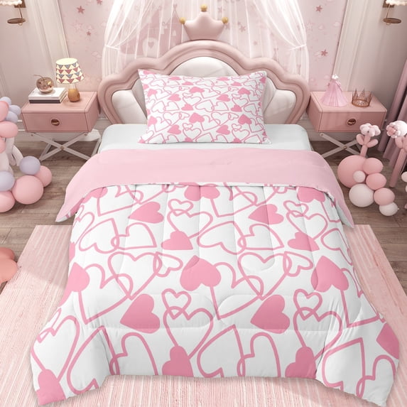 Erosebridal Dreamy Princess Style Twin Comforter Sets,Pink Loves Heart Bedding Set For Girls Kids, Reversible 2-Piece