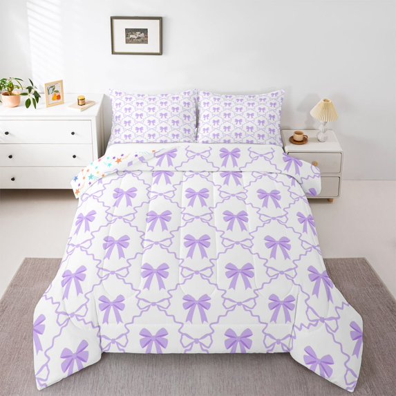 Erosebridal Dreamy Purple Bow Tie Full Size Comforter Sets 3 Pieces For Girls,Geometric Stripes Plaid Bedding Sets For Kids Teens,Ultra Soft Home Decor