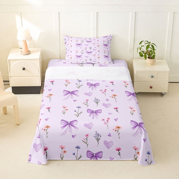 Erosebridal Dreamy Purple Bow Twin Sheet Sets for Kid, Cartoon Floral Bedding, 3-Piece
