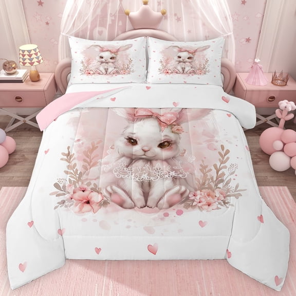 Erosebridal Dreamy Rabbit Queen Comforter Set for Girls, Pink Bow Flower Bedding Comforter Set, Pink Reversible 2pcs, 1 Comforter and 2 Pillowcases