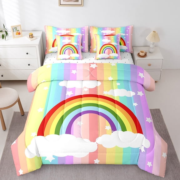 Erosebridal Dreamy Rainbow Bed in a Bag Full size, Cartoon Star Cloud Bed Set, Stripe Geometry Bedding Full Size, Ultra Soft Bedroom Decoration, 7pcs