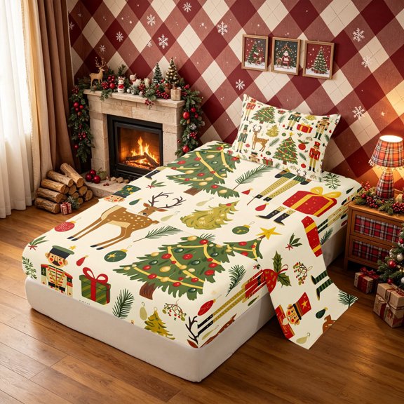 Erosebridal Dreamy Reindeer Twin Sheets, Christmas Elf Bedding, Peach Orange, Christmas Reversible, 3 Pieces, 1 Flat Sheet, 1 Fitted Sheet and 1 Pillowcase