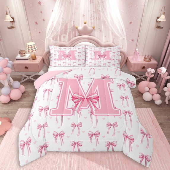 Erosebridal Dreamy Ribbon Bow Knot Girl Queen Comforter Set 3pcs,Girls Pink M Letter Monogrammed Bedding Comforter Set,Pink Reversible
