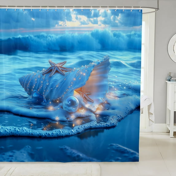 Erosebridal Dreamy Seashell Shower Curtain 72x78, Blue Coastal Ocean Bath Curtain, Marine Decor