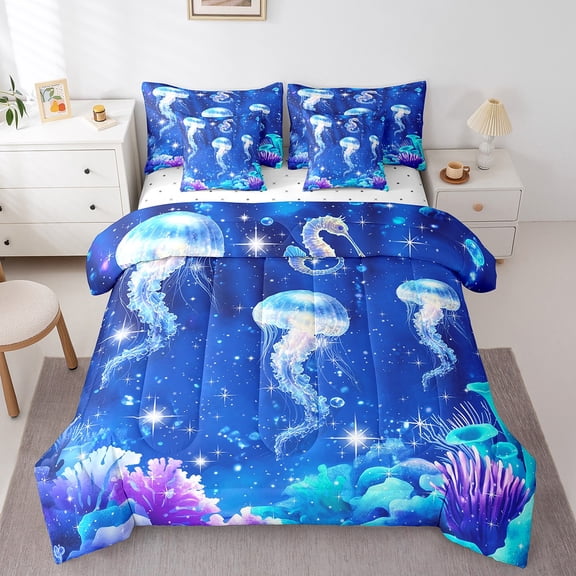 Erosebridal Dreamy Underwater Jellyfish Bedding Queen Size, Glitter Stars Coral Duvet Set, Ultra Soft 7-Piece