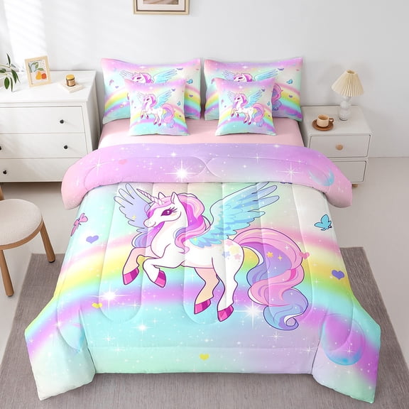 Erosebridal Dreamy Unicorn Bed in a Bag Full size, Cartoon Rainbow Bed Set, Glitter Stars Reversible Bedding Full Size, Ultra Soft Bedroom Decorative, 7pcs