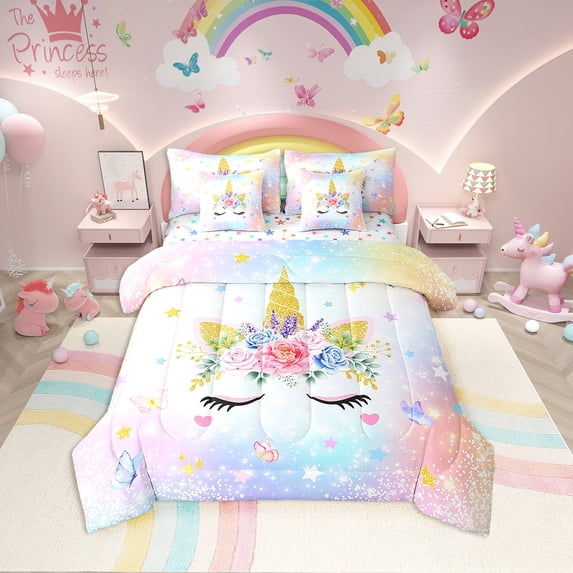 Erosebridal Dreamy Unicorn Bedding Sets Full Size, Glitter Galaxy Comforter Sets with Sheets, Rose Flower Decor, Reversible 7pcs