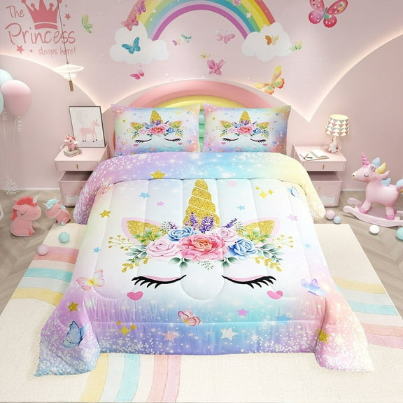 Erosebridal Dreamy Unicorn Comforter Sets Twin Size, Glitter Galaxy Comforters & Duvets, Rose Flower Decor, Reversible 2pcs