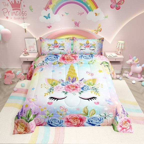 Erosebridal Dreamy Unicorn Comforter Sets Twin Size, Glitter Galaxy Comforters & Duvets, Rose Flower Decor, Reversible 2pcs