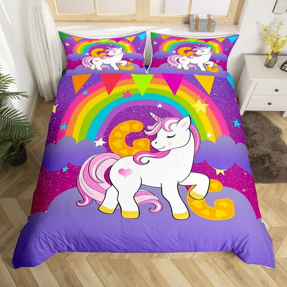 Erosebridal Dreamy Unicorn Duvet Cover Twin, Initial Letter G Bedding Twin Size, Rainbow Reversible Bedding Sets Twin Size, Super Cozy Bedroom Decoration, 2 Pieces（No Comforter）
