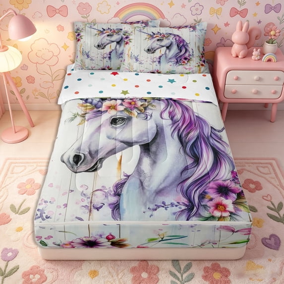 Erosebridal Dreamy Unicorn Zipper Full Size Comforter Sets with Fitted Sheet and 2 Pillowcases,Bohemian Floral Print Zipper Bedding Set,Lavender Purple,Reversible