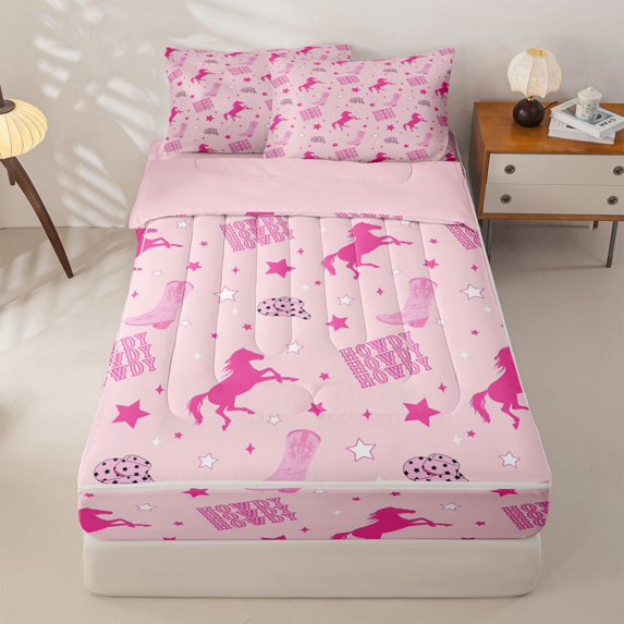Erosebridal Dreamy Unicorn Zipper Twin Comforter Sets with Fitted Sheet and 2 Pillowcases for Girls, Cowgirl Boots Zipper Bedding Set, Pink Reversible