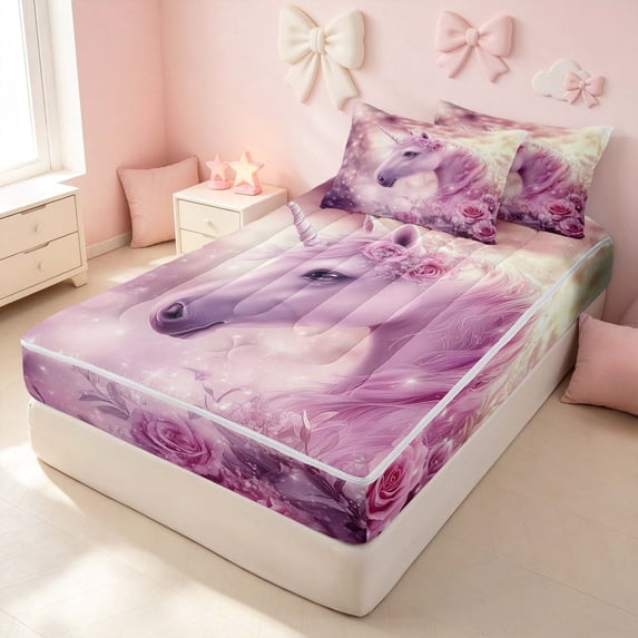 Erosebridal Dreamy Unicorn Zipper Twin Comforter Sets with Fitted Sheet and 2 Pillowcases for Girls, Pink Flowers Zipper Bedding Set, Pink Reversible