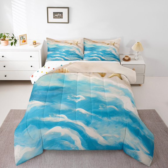 Erosebridal Dreamy Watercolor Beach Bedding Sets Twin with Comforter, Blue Sea Wave Duvet Insert, Reversible 2pcs