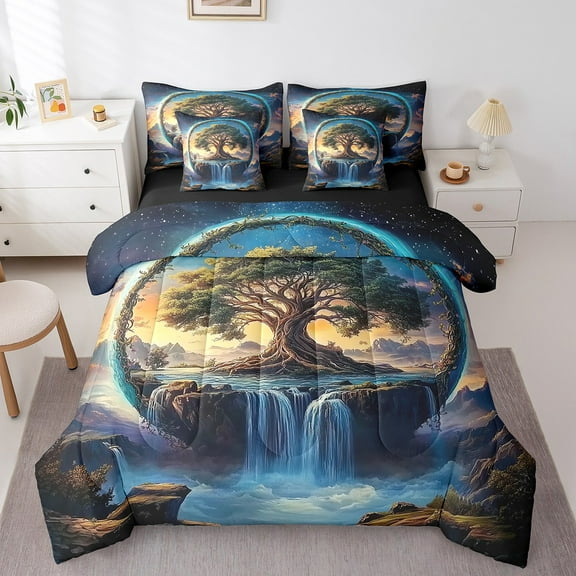 Erosebridal Dreamy Waterfall Bedding, Life Tree Bed in a Bag, Nature Scenery Reversible Bed Set, Microfiber Room Decoration, 7-Piece