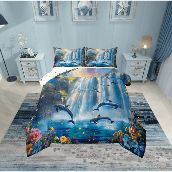 Erosebridal Dreamy Waterfall Bedding Sets Twin with Comforter, 3D Dolphin Duvet Insert, Rustic Flower Reversible Down Comforter, Super Cozy Bedroom Decoration, 2pcs