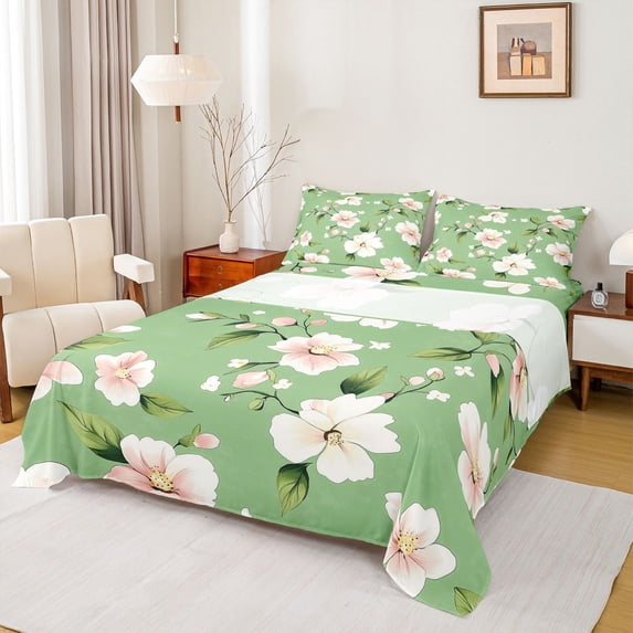 Erosebridal Dreamy White Flower Queen Sheet Sets for Girls, GreenBed Set, 4 Pieces, 1 Flat Sheet 1 Fitted Sheet and 2 Pillowcases