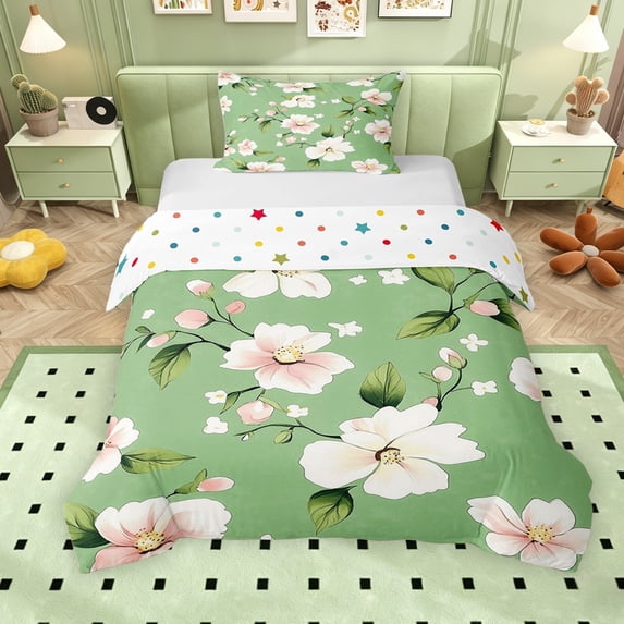 Erosebridal Dreamy White Flower Twin Bedding for Girls, GreenDuvet Cover Set, Polka Dots Reversible, 2pcs 1 Duvet Cover and 1 Pillowcase, No Comforter