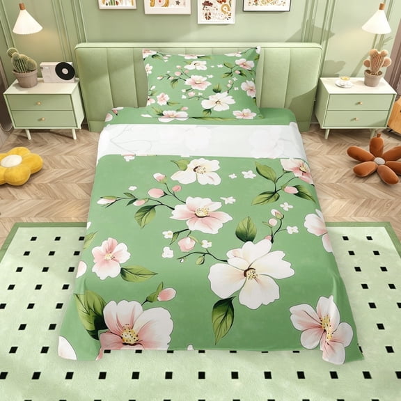 Erosebridal Dreamy White Flower Twin Sheet Sets for Girls, GreenBedding, 3 Pieces, 1 Flat Sheet 1 Fitted Sheet and 1 Pillowcase