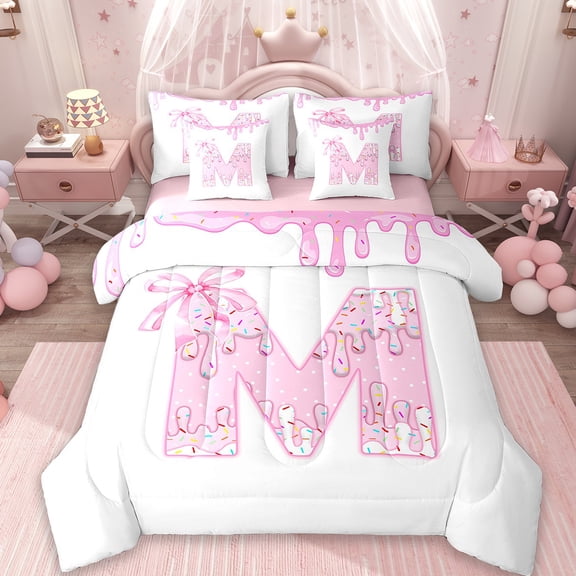 Erosebridal Dressert Print M Bedding Sets Twin Size,Princess Sweets Intial M Comforter Sets with Sheets,Watercolor Bowknot Candy For Teenagers, Lightweight Bedroom Decorative Reversible,7-Piece