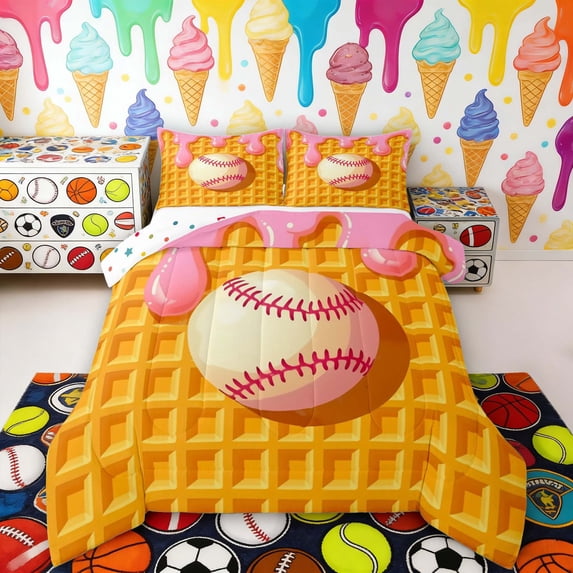 Erosebridal Drip Waffle Baseball Full Size Comforter Sets, Kawaii Sport Bedding Sets for Girls, Polka Dots Reversible 3pcs, 1 Comforter and 2 Pillowcases