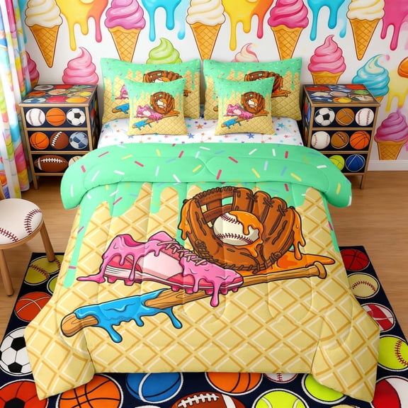 Erosebridal Drippy Baseball Print Twin Bedding Sets, Fun Sports Bedding Comforter Set for Kids Boys and Girls, Colorful Stars Reversible 7pcs