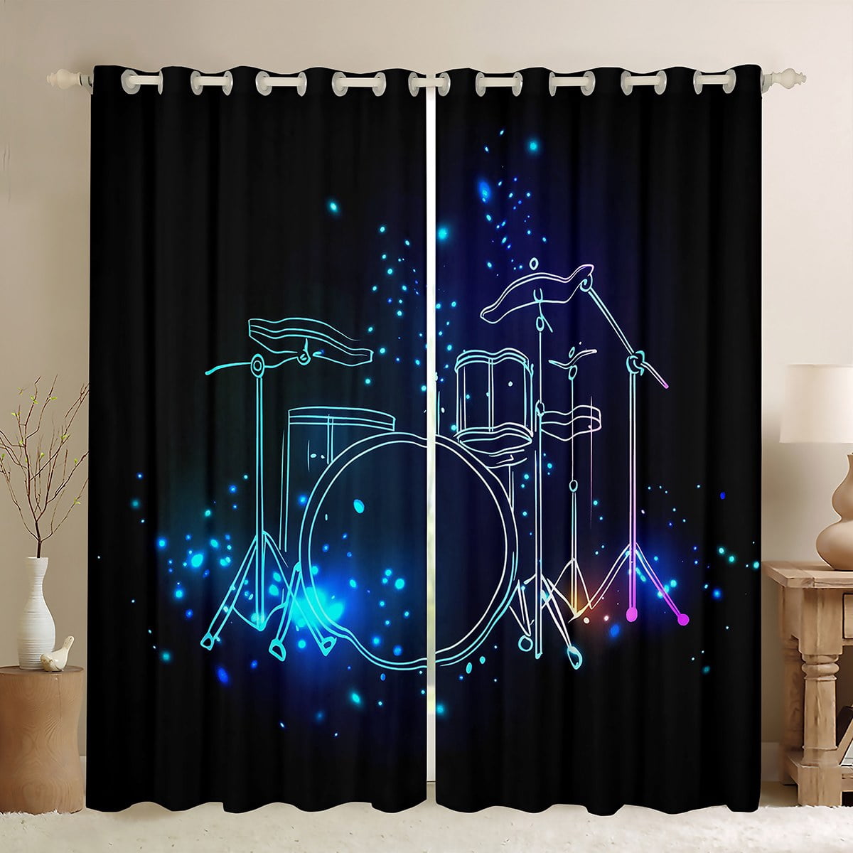 Erosebridal Drum Kit Curtains for Living Room,Hip Hop Curtains and Drapes (52Wx84L),Rock Music Curtains Pack of 2 (52Wx84L),Melody Room Decoration