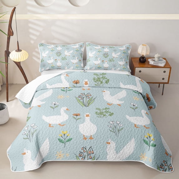 Erosebridal Duck Floral Print Quilt King for Girls Boys, Sky Blue White Wildflower Farm Bird King Coverlet Set, 3-Piece