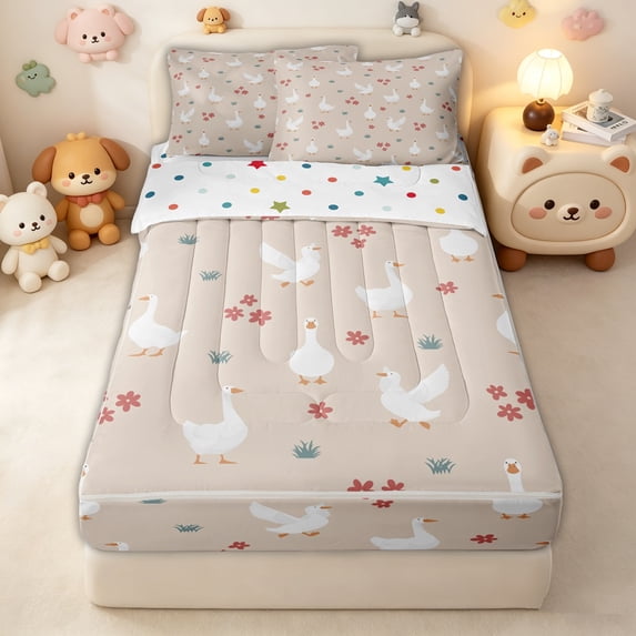 Erosebridal Duck Floral Repeat Zipper Twin Comforter Sets with Fitted Sheet and 2 Pillowcases for Girls Boys, Beige White Red Flower Farm Goose Zipper Bedding Set, Polkadot Reversible, 4 Pieces