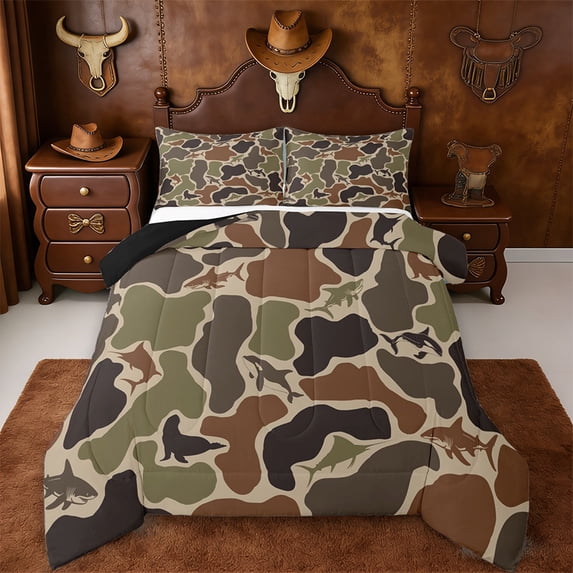 Erosebridal Duck Hunter Camouflage Queen Comforter Set,Green Camo Rustic Farmhouse Hunting Bedding Comforter Set For Adults Kids,Reversible Black,3 Pieces
