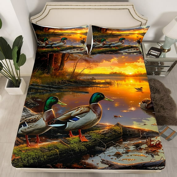 Erosebridal Duck Hunting Fitted Sheet Set Twin,Cabin Farmhouse Bedding Twin Size,Lodge Decor,Breathable,2-Piece(No Top Sheet)