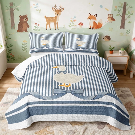 Erosebridal Duck Quilt Full for Girls, Blue Stripes Full Bedspread Sets, 3-Piece 1 Coverlet and 2 Pillowcases