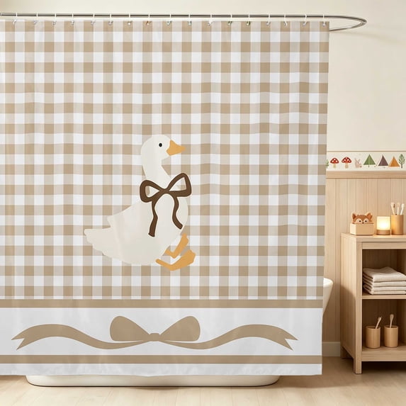 Erosebridal Duck Shower Curtain 72Wx78L for Girls, Beige Gingham Waterproof Bath Curtain
