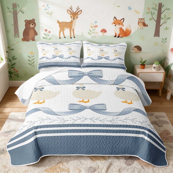Erosebridal Duck Twin Quilt Set for Girls, Blue Ribbon Twin Coverlet Set, 2-Piece 1 Bedspread and 1 Pillowcase