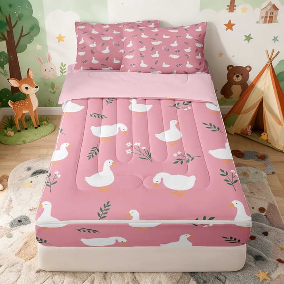 Erosebridal Duck Zipper Twin Comforter Sets with Fitted Sheet and 2 Pillowcases for Girls, Pink Wildflowers Zipper Bedding Set, Pink Reversible