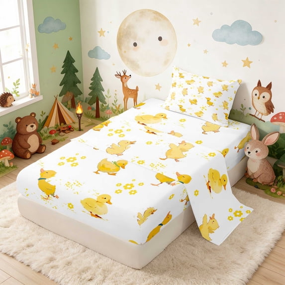 Erosebridal Duckling Twin Sheets for Girls, Yellow Flowers Bedding, 3 Pieces 1 Flat Sheet 1 Fitted Sheet and 1 Pillowcase