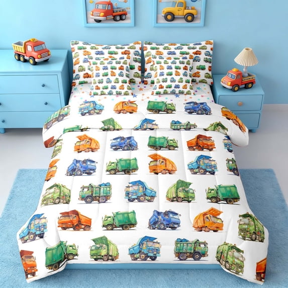 Erosebridal Dump Truck Watercolor Twin Bedding Sets for Boys and Girls, Green Orange Blue Truck Bedding Comforter Set, Colorful Stars Reversible, 7-Piece