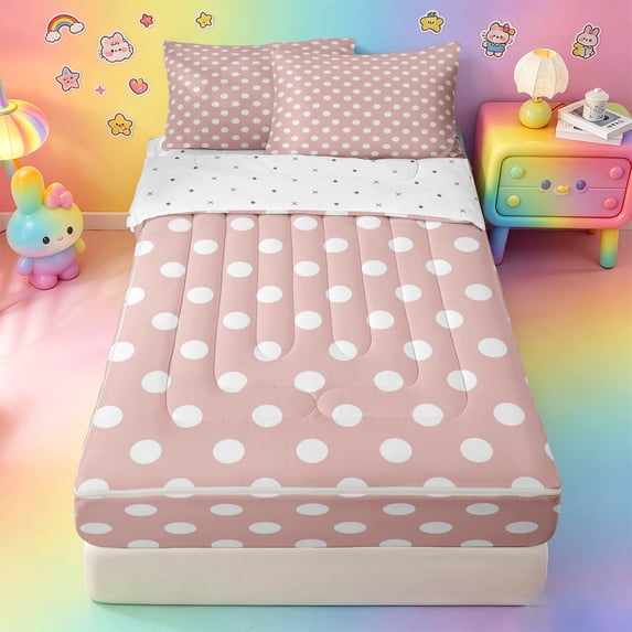 Erosebridal Dusty Rose Polka Dot Zipper Twin Comforter Sets with Fitted Sheet and 2 Pillowcases,Ivory Circle Muted Girl Retro Print Zipper Bedding Set For Girls,Reversible,4-Piece