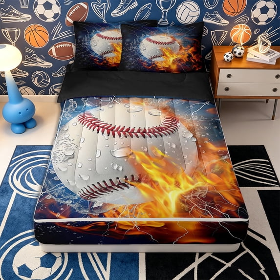 Erosebridal Dynamic Baseball Pattern Zipper Queen Comforter Set with Fitted Sheet and 2 Pillowcases,Dramatic Lightning Flame Print Zipper Bedding Set,Orange Navy White,Black Reversible