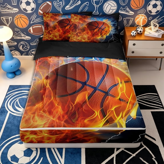Erosebridal Dynamic Basketball Pattern Zipper Full Size Comforter Sets with Fitted Sheet and 2 Pillowcases,Fiery Lightning Storm Print Zipper Bedding Set,Orange Blue Gold,Black Reversible