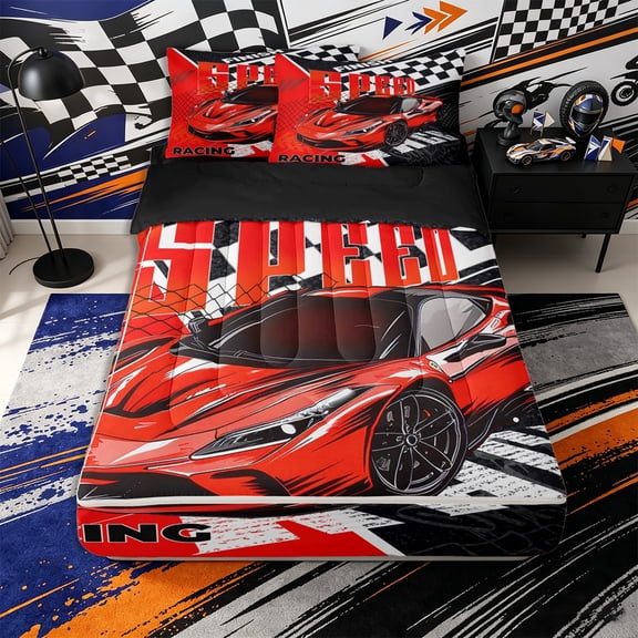 Erosebridal Dynamic Sports Car Pattern Zipper Twin Comforter Sets with Fitted Sheet and 2 Pillowcases,Race Flag Print Zipper Bedding Set,Red Black White,Black Reversible